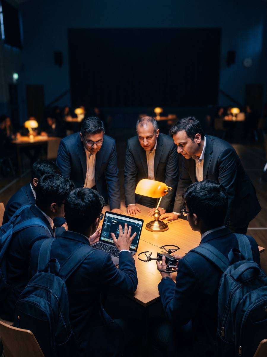 Students presenting a laptop to adults at a demo evening