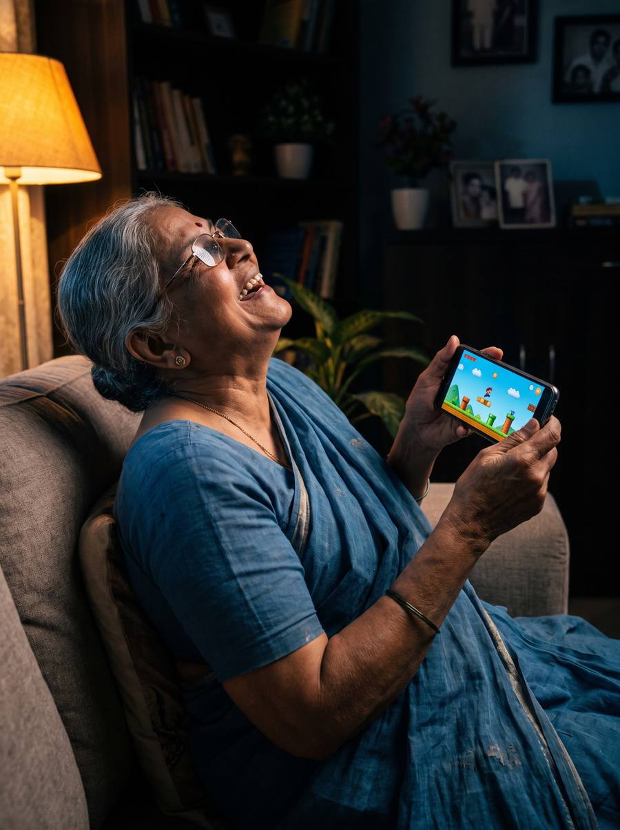 A grandmother laughing at a game on her phone